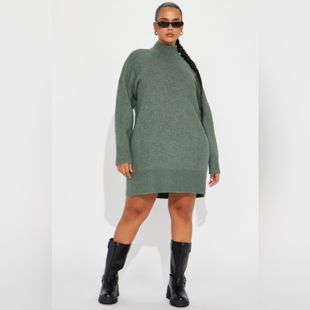 Turtleneck Sweater Mini Dress in Olive Green